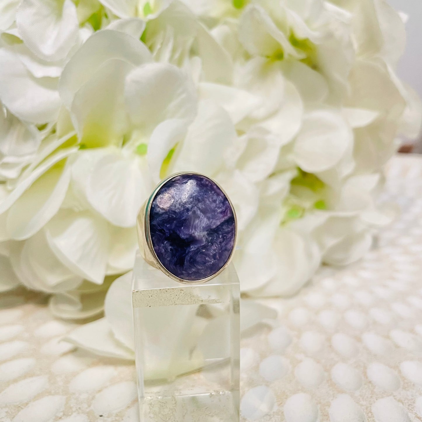Charoite Oval Hammered Silver Ring